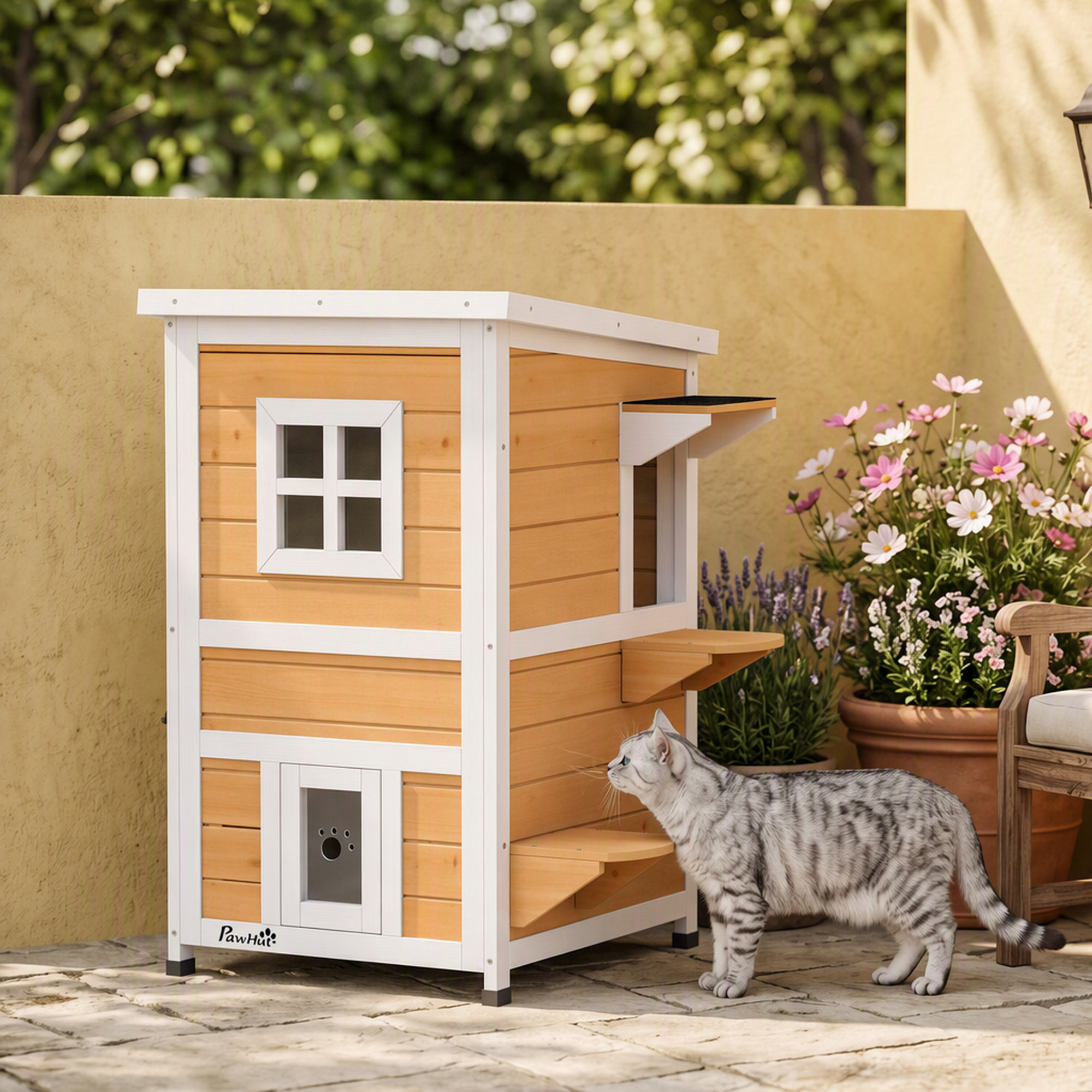 PawHut Caseta para Gatos de Madera Exterior, Casa para Gatos de 2 Niveles con Techo Abatible, Panel Central Extraíble, Ventanas, Puertas, para Terraza, Balcón, Jardín, 51x51x81,3 cm, Natural