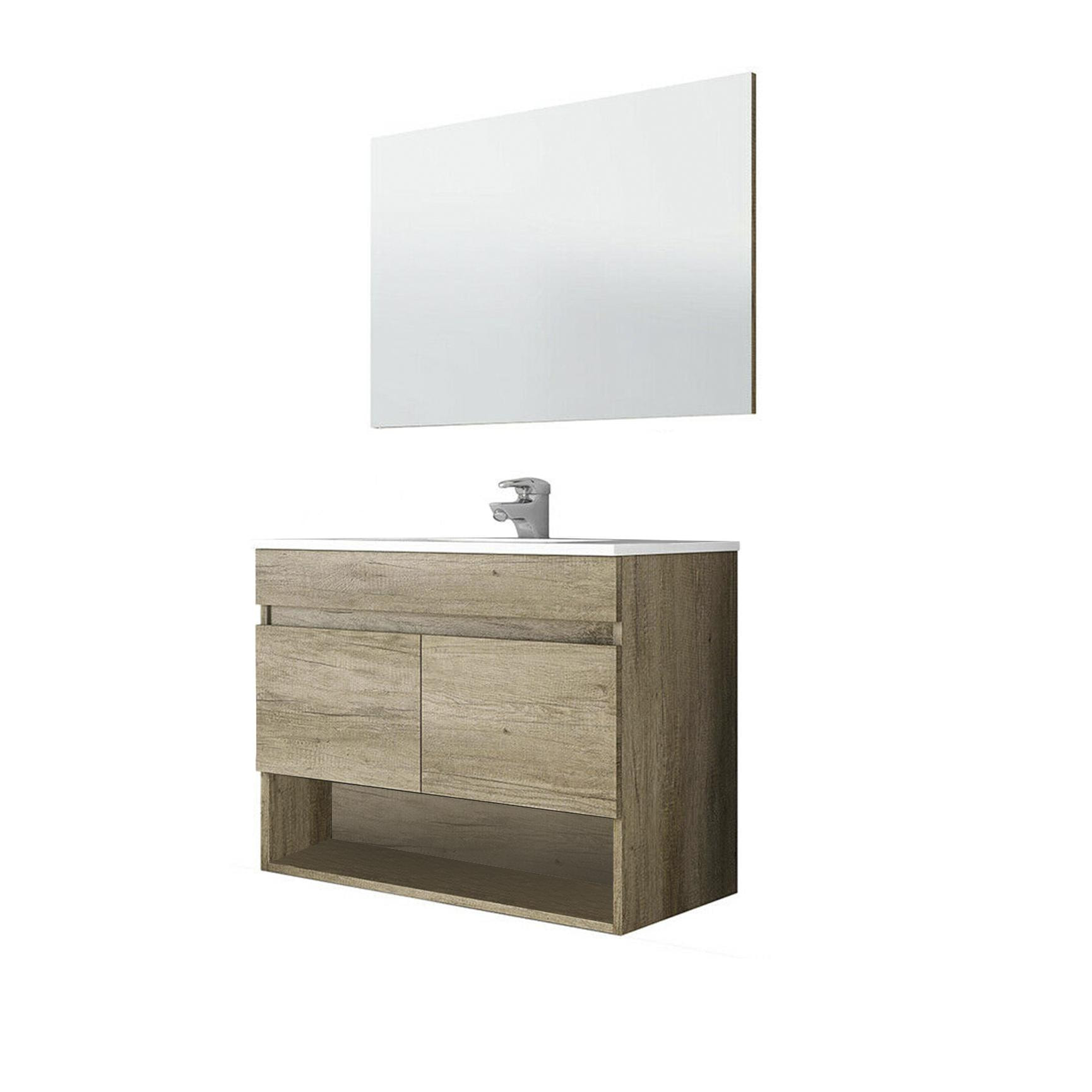 Mobile sottolavabo Shreveport, Mobiletto per bagno a 2 ante, Armadietto sospeso con ripiano e specchio, lavabo non incluso, cm 80x45h64, Quercia