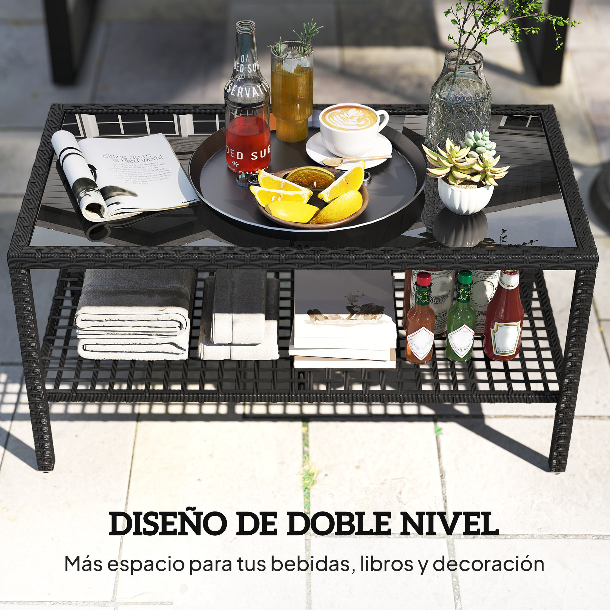Mesa de Jardín de Ratán, Mesita Auxiliar con Estante, Tablero de Vidrio Templado, Estructura de Acero, para Terraza, Patio, Balcón, 92x50x45 cm, Negro