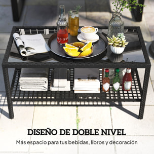 Mesa de Jardín de Ratán, Mesita Auxiliar con Estante, Tablero de Vidrio Templado, Estructura de Acero, para Terraza, Patio, Balcón, 92x50x45 cm, Negro