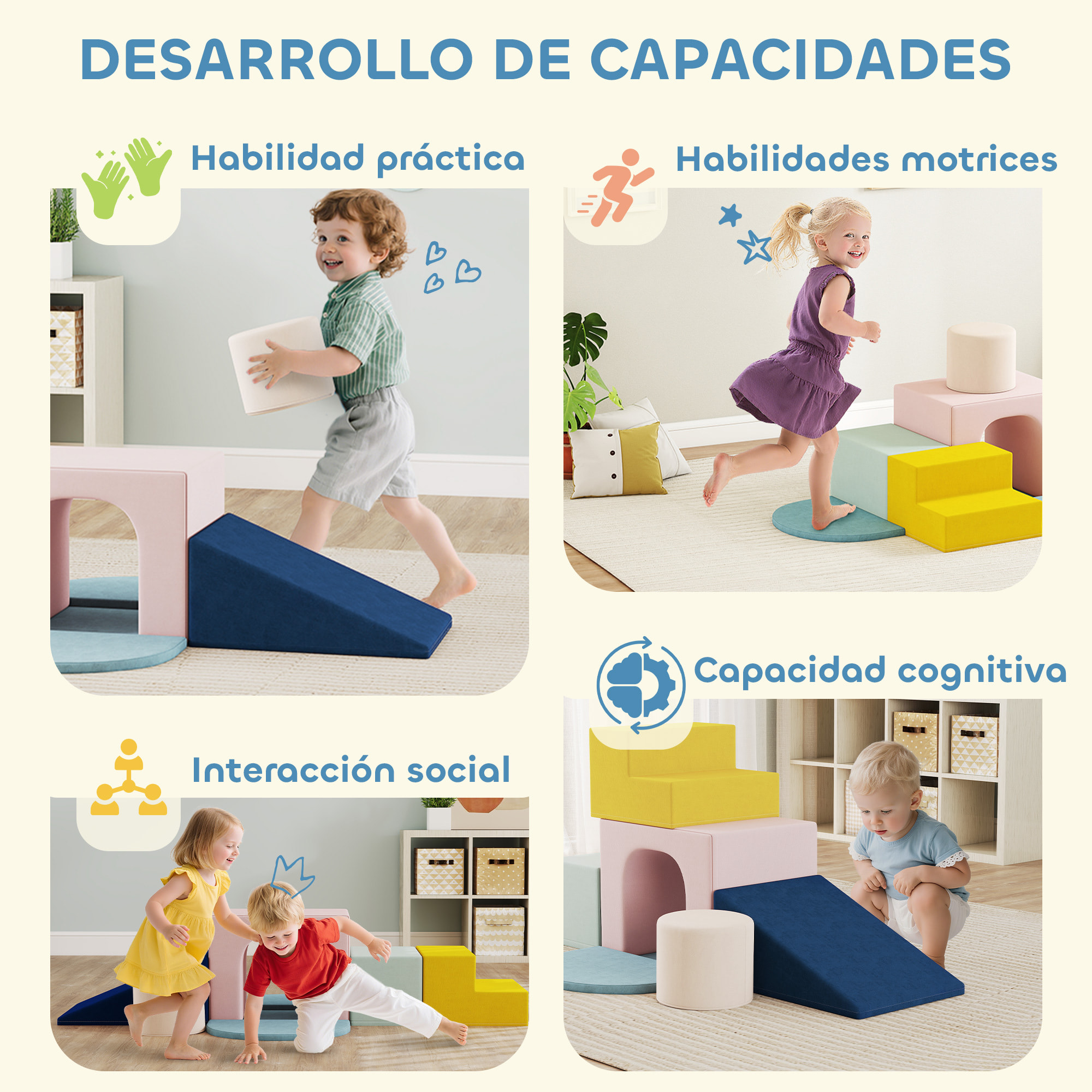 Juego de 8 Bloques de Espuma para Niños, Bloques de Psicomotricidad con Fundas de Terciopelo Lavables, Set de Escalada para Interior, para Escalar y Gatear, Multicolor