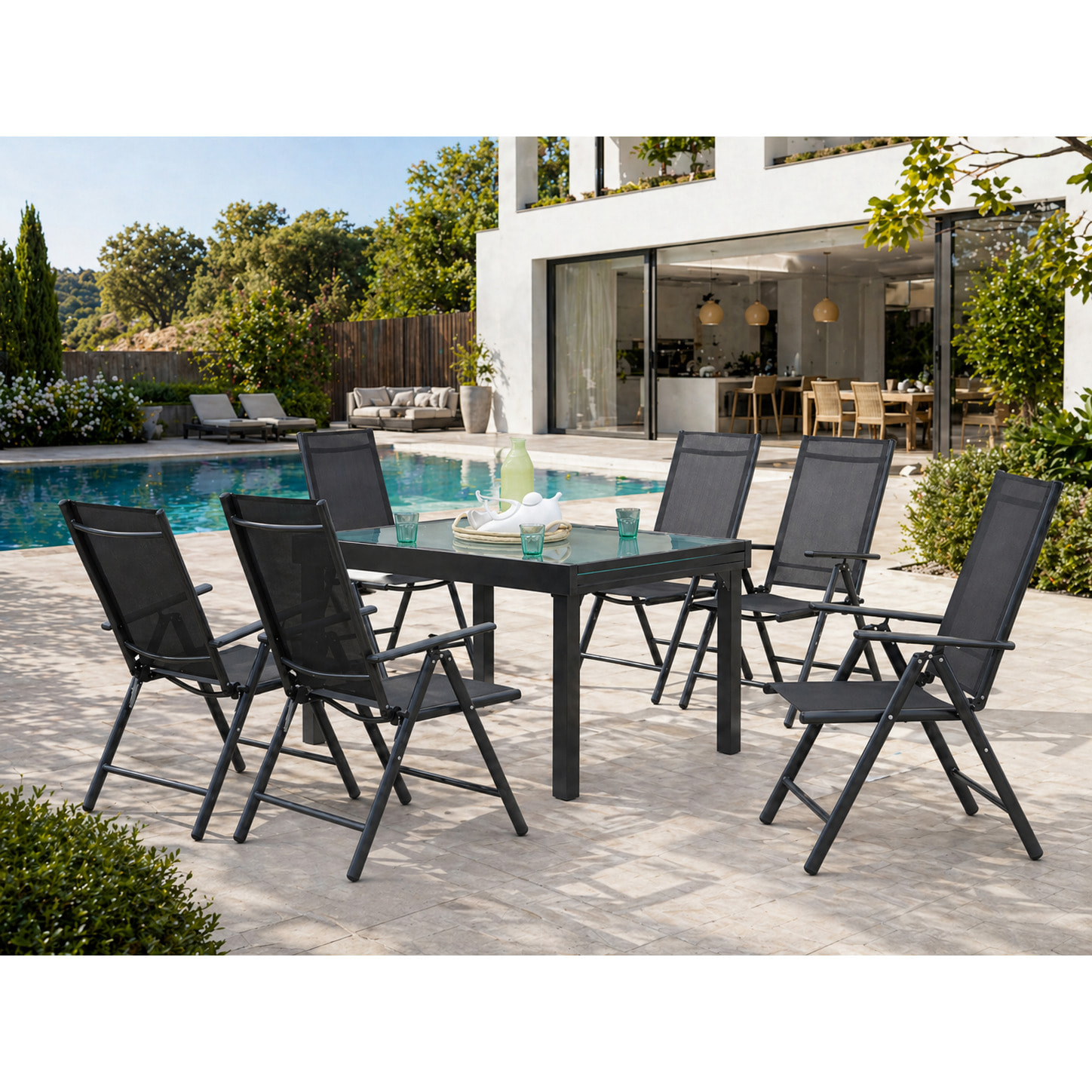 Table de jardin extensible et 6 fauteuils en alu et toile PVC CALAMATA