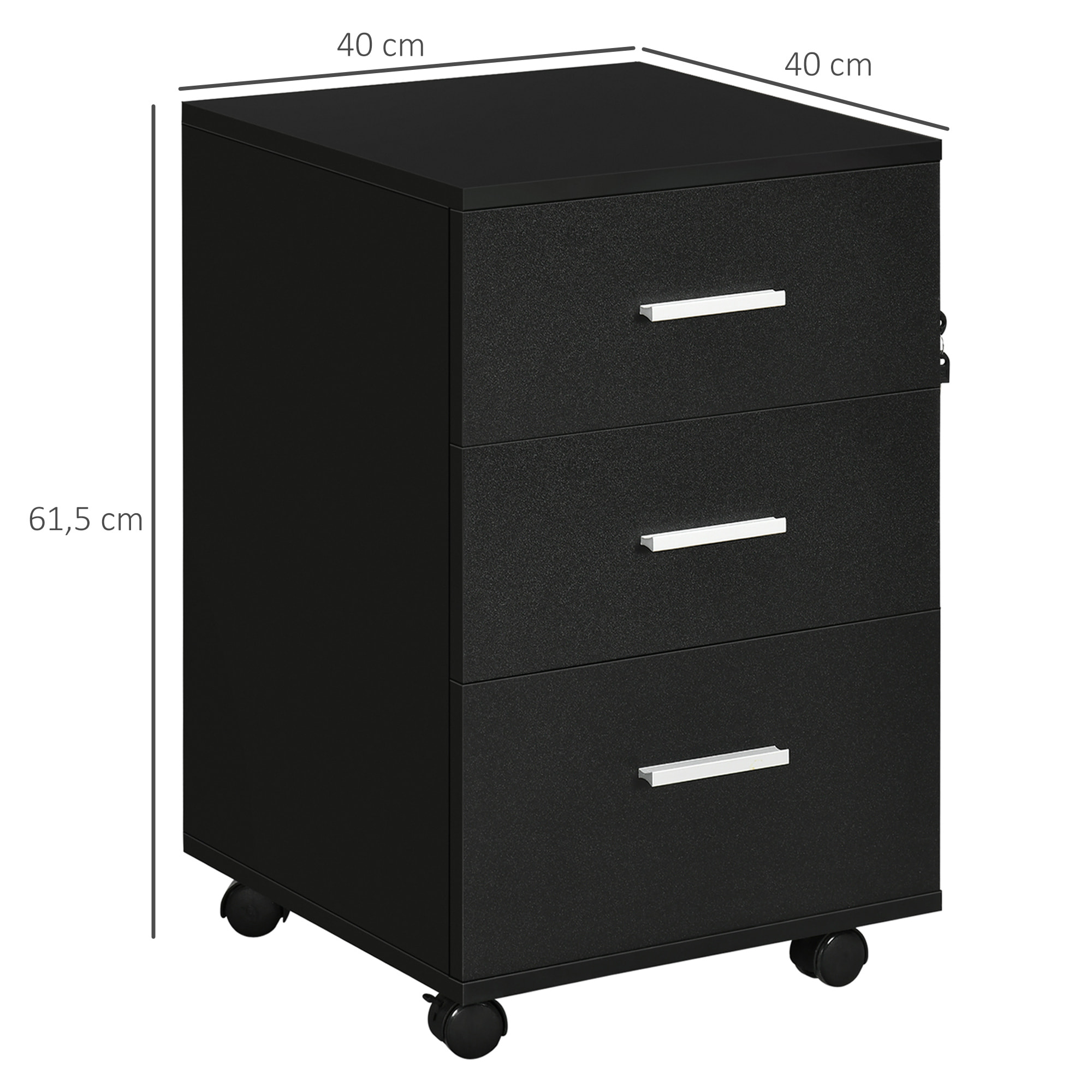 Cajonera de Escritorio con 3 Cajones, Cajonera de Oficina con Ruedas, Cerradura, 2 Llaves, Archivador Móvil, para Estudio, Salón, 40x40x61,5 cm, Negro