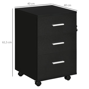 Cajonera de Escritorio con 3 Cajones, Cajonera de Oficina con Ruedas, Cerradura, 2 Llaves, Archivador Móvil, para Estudio, Salón, 40x40x61,5 cm, Negro