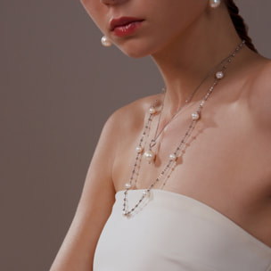 Collana Girocollo Catena Brillantina e Pendente in Perla Ming d'Acqua Dolce Bianca Ø 12/13 mm Placcata Oro Bianco in Argento 925 placcato Oro bianco 18Kt