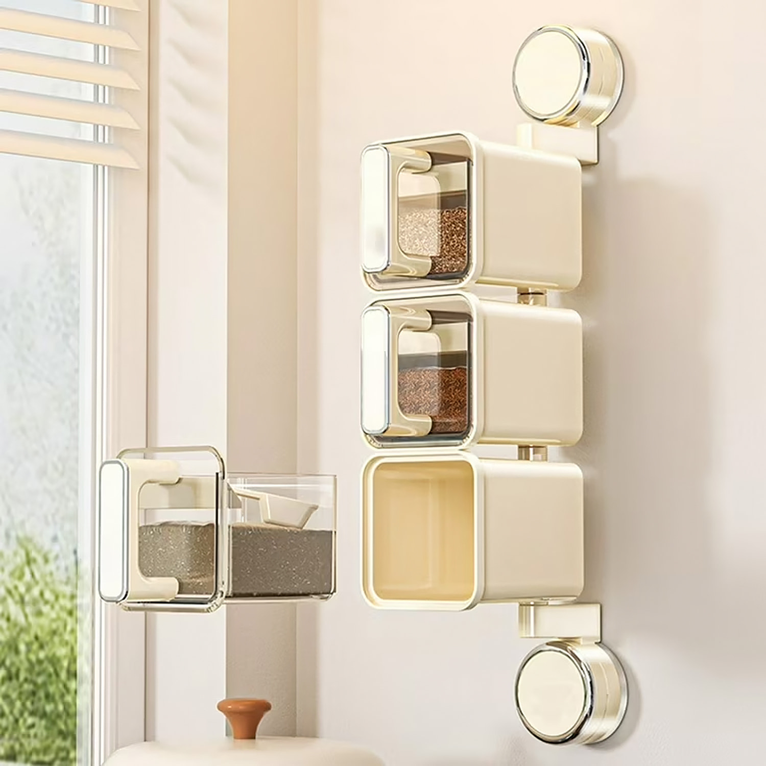 Organizzatore trasparente per spezie da cucina montato a parete con ventose, maniglie ergonomiche con corpo rotante a 180°, 3 scomparti