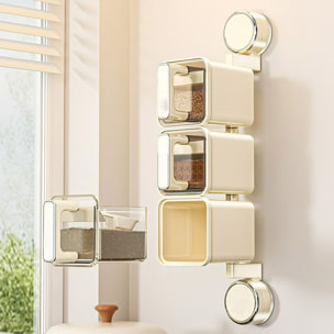 Organizzatore trasparente per spezie da cucina montato a parete con ventose, maniglie ergonomiche con corpo rotante a 180°, 3 scomparti