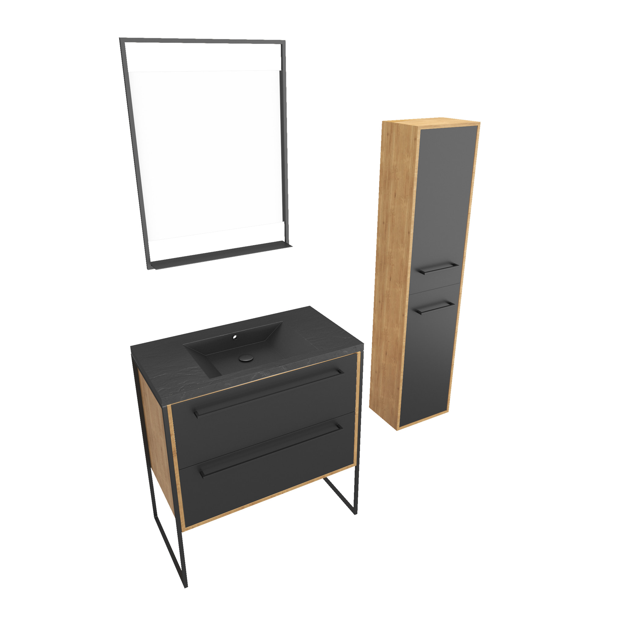 Meuble de salle de bain 80x50cm - vasque noir effet pierre -tiroirs noir mat + colonne + mirroir