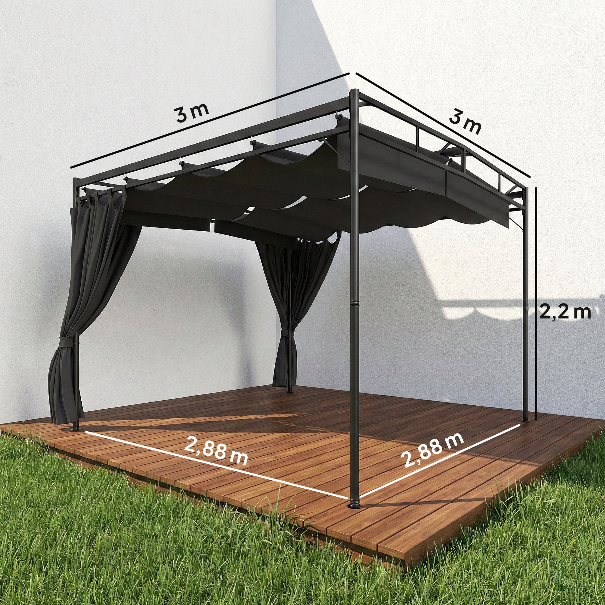 Pergola de jardin toit rétractable rideaux métal gris anthracite