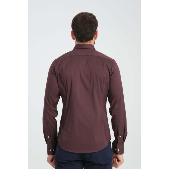 Camicia Uomo 1 Bottone Button Down Doppio Popeline Stretch Unito Bordeaux
