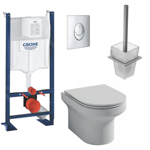 Pack WC suspendu sans bride Jacob Delafon  Elite abattant + Bâti support Grohe RapidSL + plaque chromé + Porte-balai carré