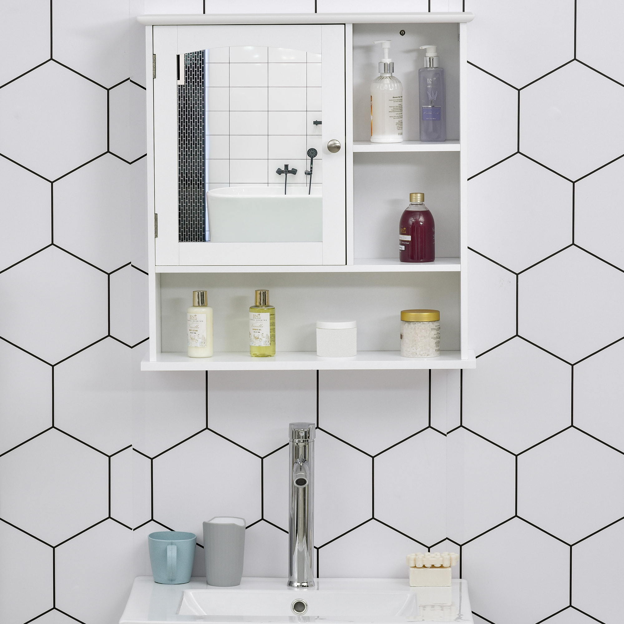 Armoire murale salle de bain armoire à glace placard de rangement toilettes 1 porte niche + étagères latérales MDF blanc
