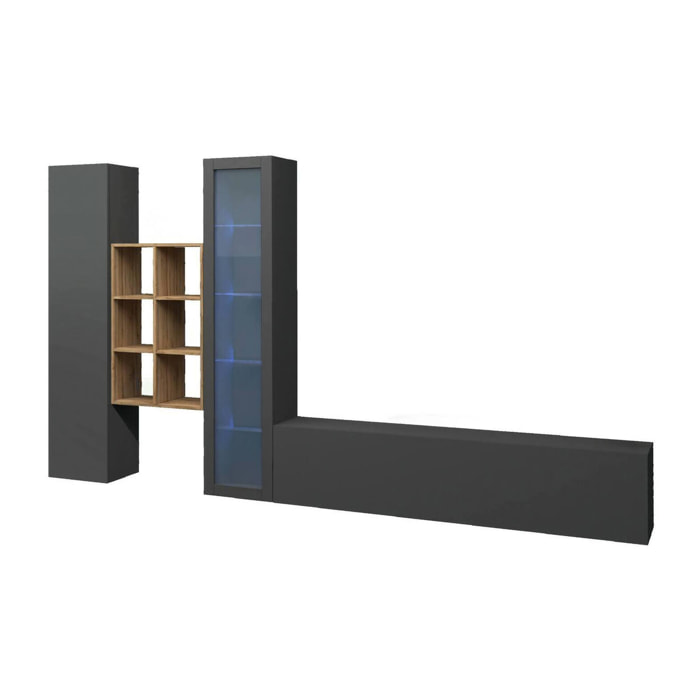 Parete attrezzata Ausonia, Set salotto porta TV a 3 ante, Mobile soggiorno multiuso con vetrina e luce LED, 100% Made in Italy, cm 320x30h180, Antracite