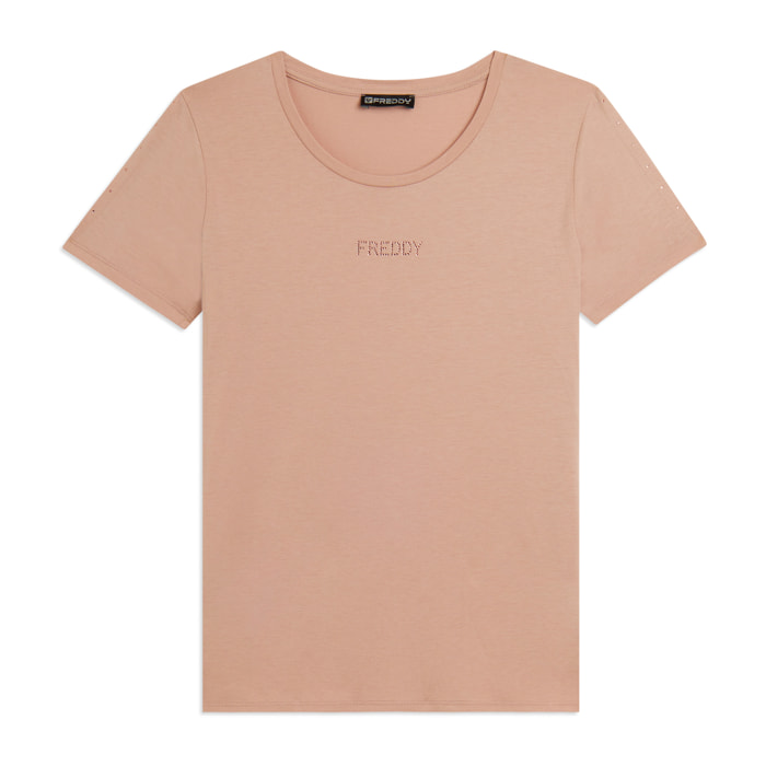 T-shirt manica corta con dettaglio cut out e strass