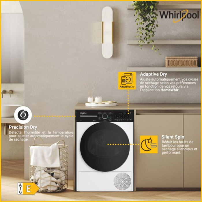 Sèche linge pompe à chaleur WHIRLPOOL CWD122MWBSFR 12kg - Capacité géante XXL & Anti-froissage