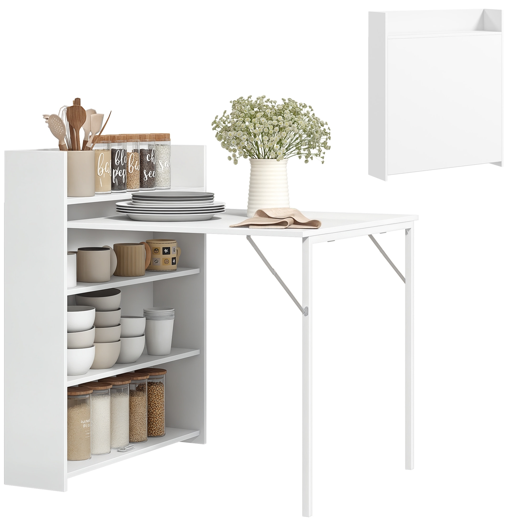 Mesa Plegable de Comedor, Mesa de Cocina Plegable, con Ala Abatible, 4 Compartimentos, Hasta 3 Personas, Patas de Acero, para Salón, Espacio Pequeño, 78,5x91x93 cm, Blanco