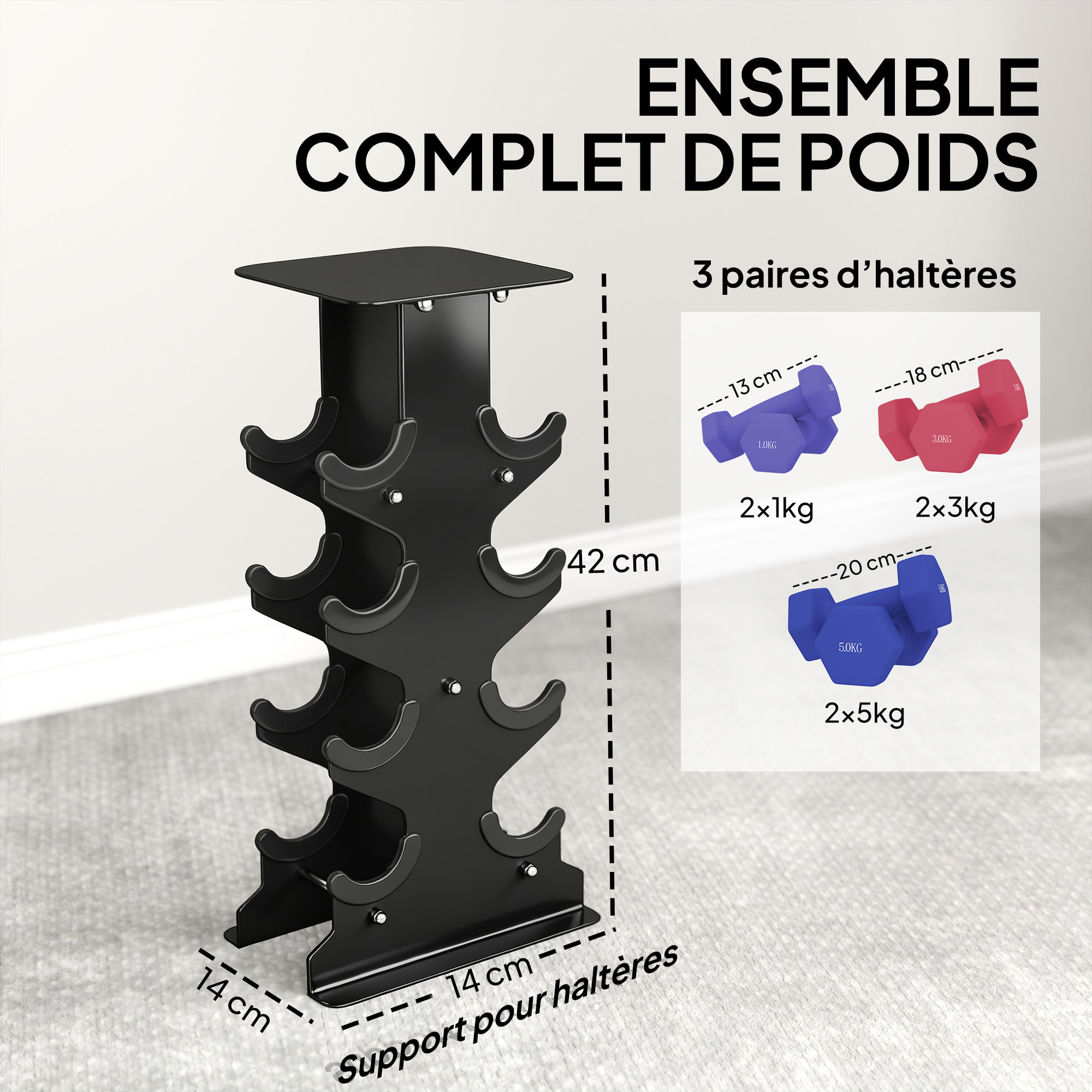 Support noir pour 6 haltères vinyles - 6 haltères incluses total 18 Kg - noir rose bleu violet