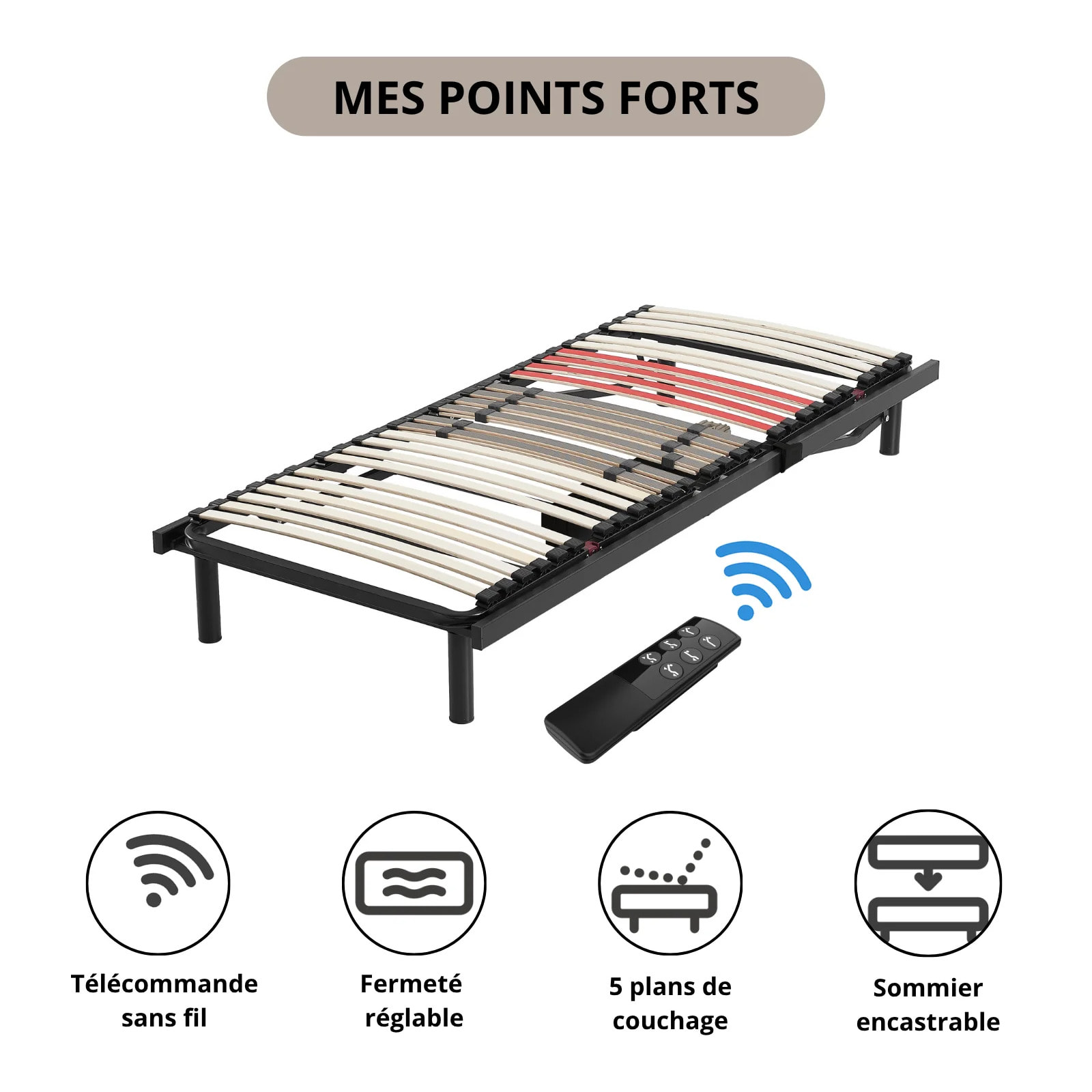 Literie orthopédique électrique à lattes | Lattes fermeté réglables | Moteur et Télécommande inclus
