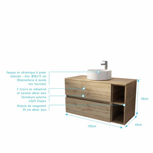 Meuble de salle de bains 100cm TIMBER Décor Chêne 2 Tiroirs et Module - Vasque Ronde Blanche