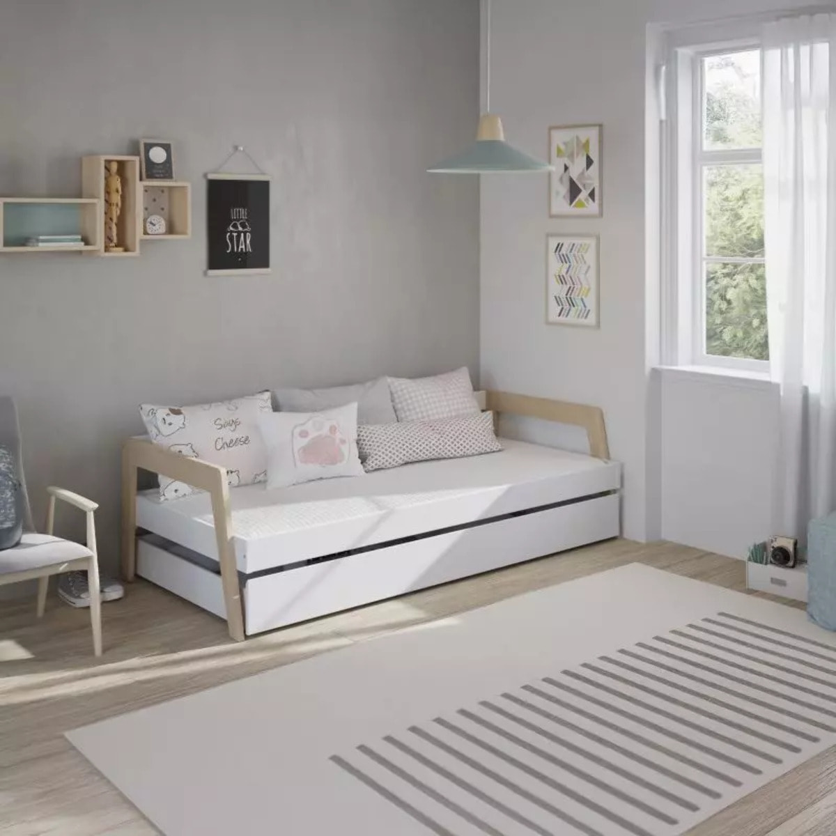 Cama doble juvenil Misty Haze Blanco - Oak Soft