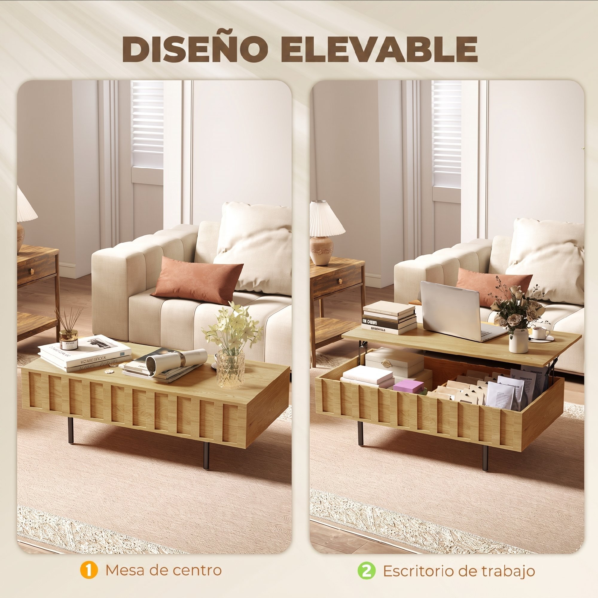 HOMCOM Mesa de Centro Elevable, Mesa de Café para Salón con 2 Compartimentos Ocultos, Patas de Metal para Sala de Estar, Comedor, 110x55x36,5 cm, Roble