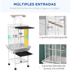 Jaula para Pájaros Jaula para Loros con Ruedas Perchas Comederos Estante Puente Arqueado y Bandejas Extraíbles Pajarera para Cacatúas Cotorras 62,5x62,5x156 cm Blanco