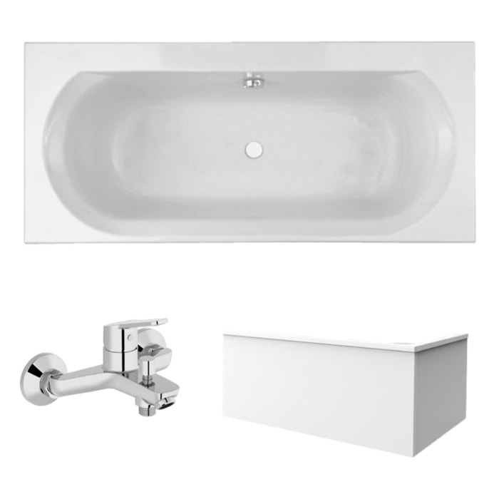 Pack baignoire droite 180 x 80 Elise + tablier en angle + mitigeur bain douche mural Aimé chromé + vidage