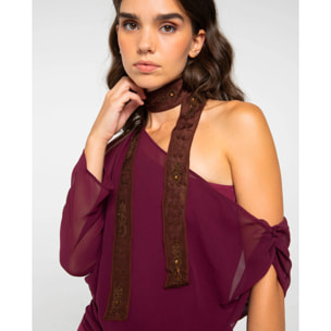 Cinta bordada marrón estilo foulard con cuentas y lentejuelas marrón y dorado.