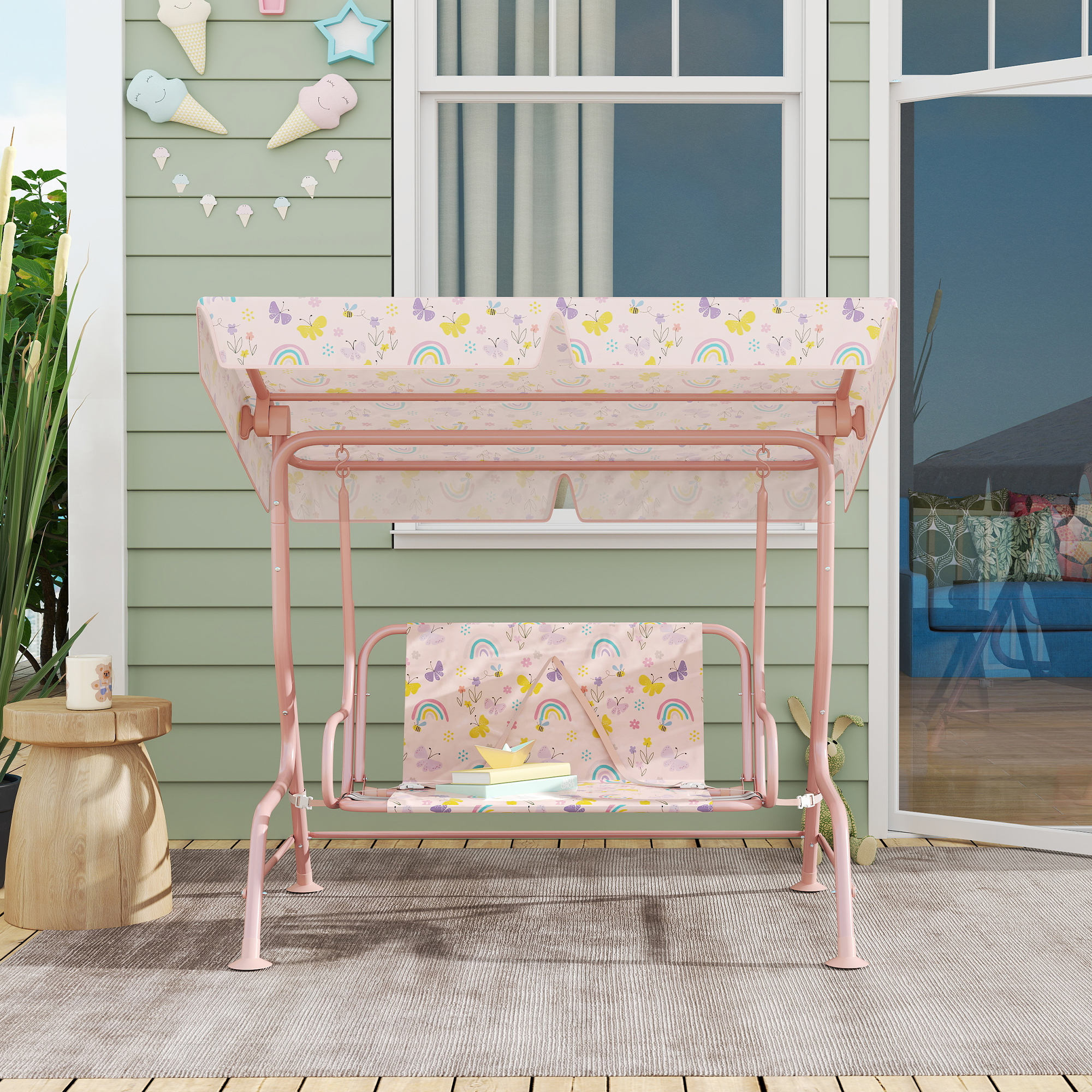 Columpio de Jardín Exterior para Niños de +3 Años Balancín de Jardín Exterior de 2 Plazas con Toldo Ajustable Arnés de Seguridad y Estampados Bonitos 112x75x120 cm Rosa