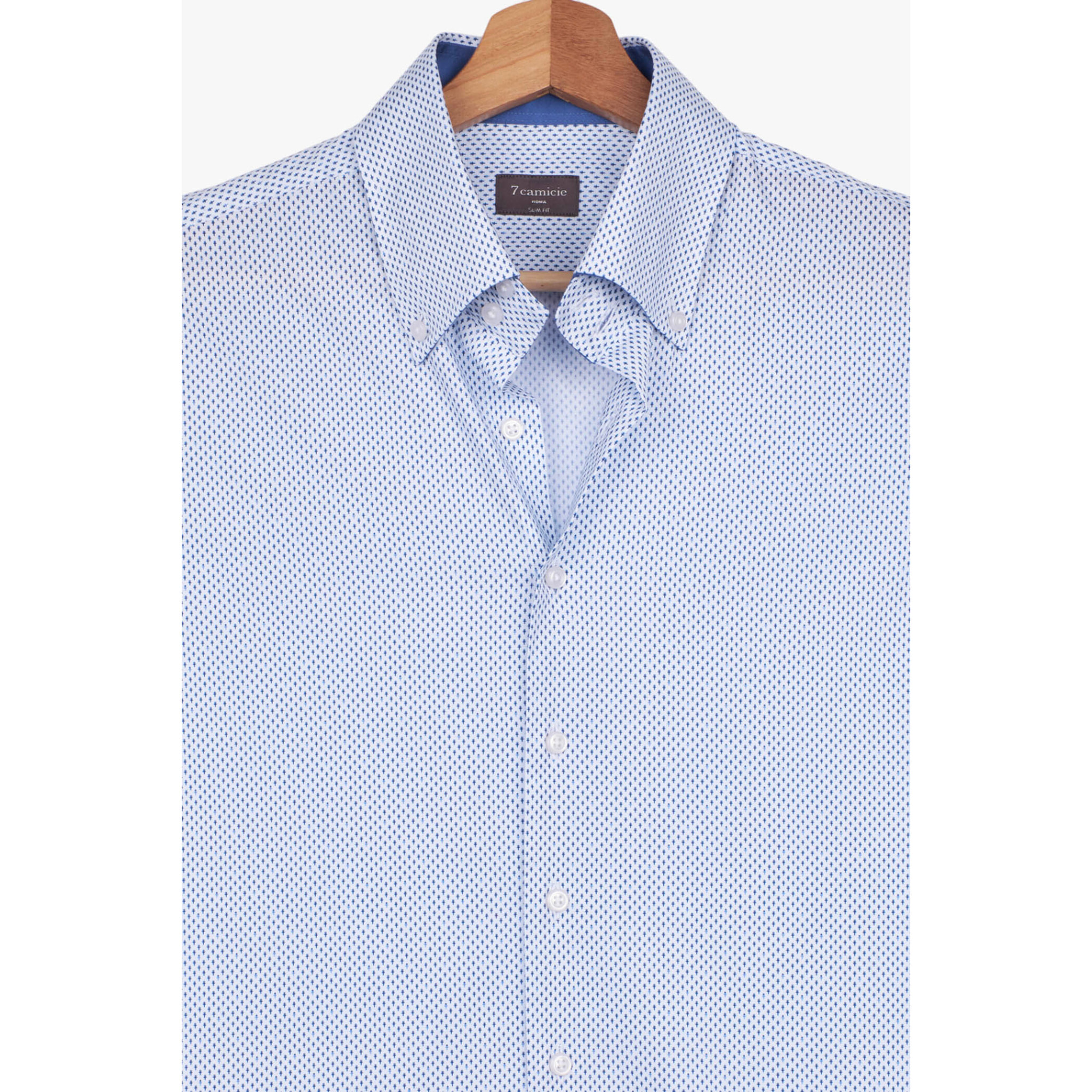 Camicia Uomo 2 Bottoni Button Down Slim Popeline Stampato Bianco e Blu