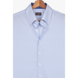 Camicia Uomo 2 Bottoni Button Down Slim Popeline Stampato Bianco e Blu