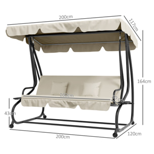 Balancín de Jardín Exterior de 3 Plazas Columpio de Jardín Exterior Convertible en Cama con Toldo Ajustable Soportes Laterales y 2 Almohadas Carga 340 kg 200x120x164 cm Crema