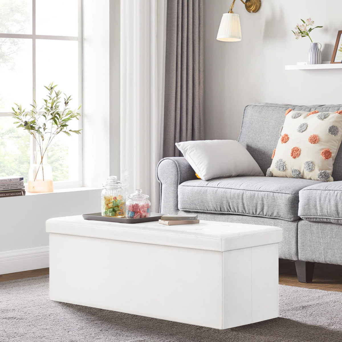 Panca Contenitore Pieghevole in Similpelle Bianca 110cm
