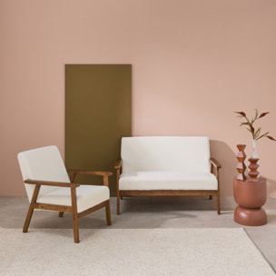 Canapé banquette 2 places et fauteuil tissu bouclette. pieds teinté noyer clair