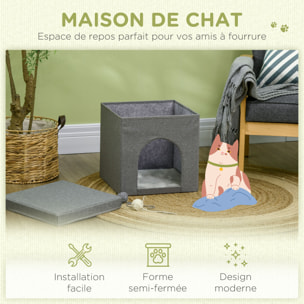 Panier chat grattoir pouf pliable 3 en 1 - coussin amovible lavable, grattoir - MDF tissu aspect lin gris