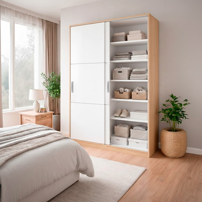 Armadio Guardaroba Con Ante Scorrevoli Salvaspazio 5 Ripiani E Asta Appendiabiti Per Camera Ripostiglio 120 x 50 x 200 Cm Colore Bianco E Rovere