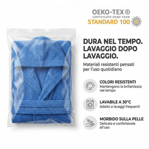 Accappatoio bambino in spugna di cotone assorbente e morbido, delicato su pelli sensibili, asciugatura rapida dopo bagno e piscina, confortevole e pratico per uso quotidiano, certificato OEKO-TEX senza sostanze nocive, ideale per bambini e bambine