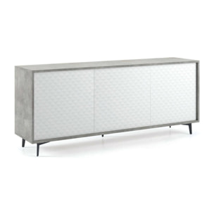 Credenza Fresia, Mobile buffet a 3 ante e 1 ripiano regolabile, Madia elegante da soggiorno, Mobile porta TV, 100% Made in Italy, Cm 184x45h77, Bianco e Cemento