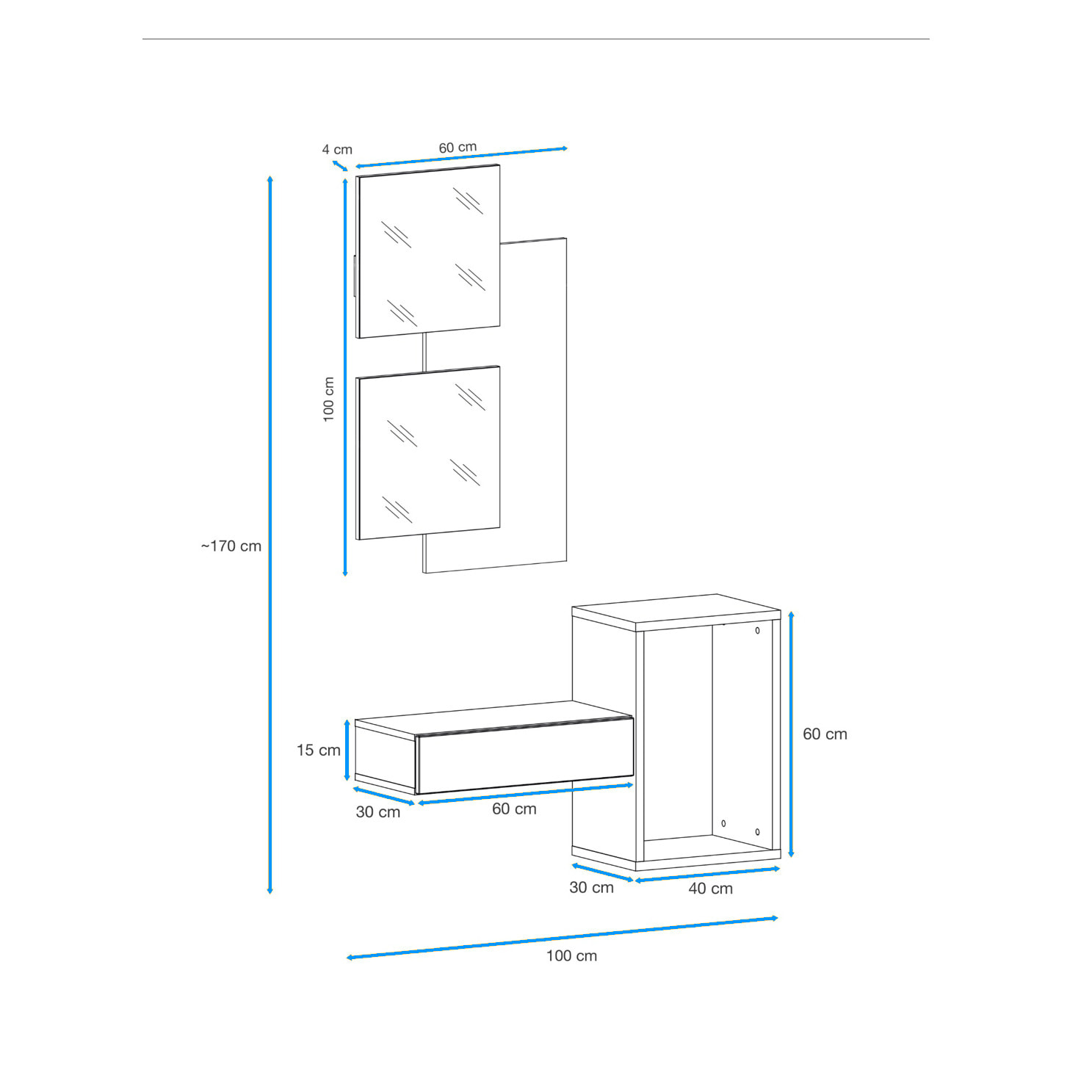 Set Mobile Ingresso Moderno Con Specchi Pensile A Giorno Mensola Con Cassetto Salvaspazio Mobile Da Parete 100 x 170 x 30 Cm Nero E Rovere