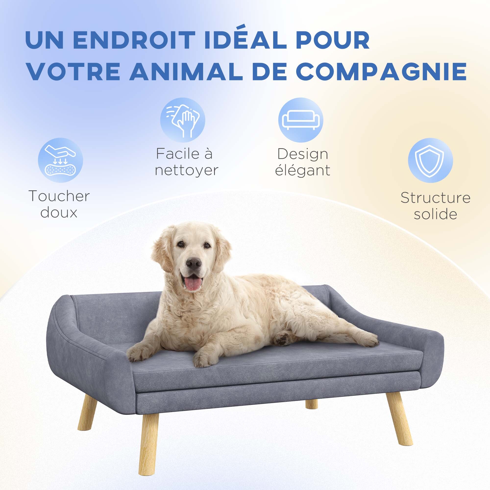 Canapé chien lit pour chien design scandinave - coussin moelleux déhoussable, pieds bois - velours gris