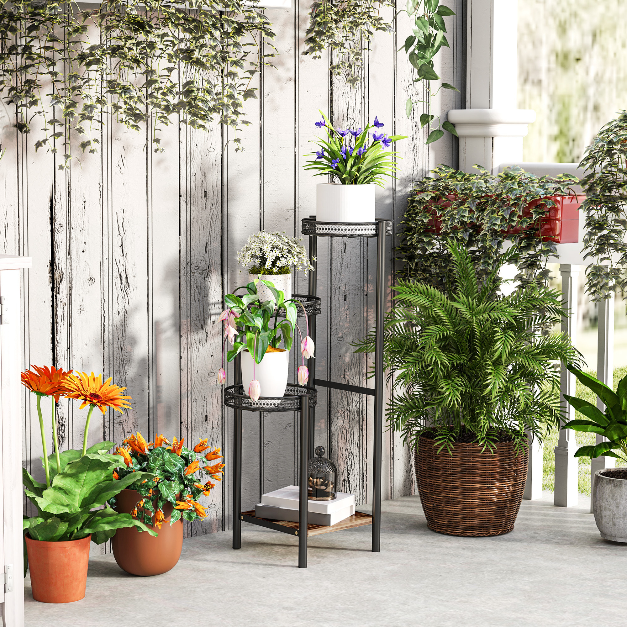 Soporte para Plantas de 4 Niveles Estantería para Plantas para Esquina Soporte de Acero Soporte para Macetas Interior y Exterior 25x25x80 cm Negro