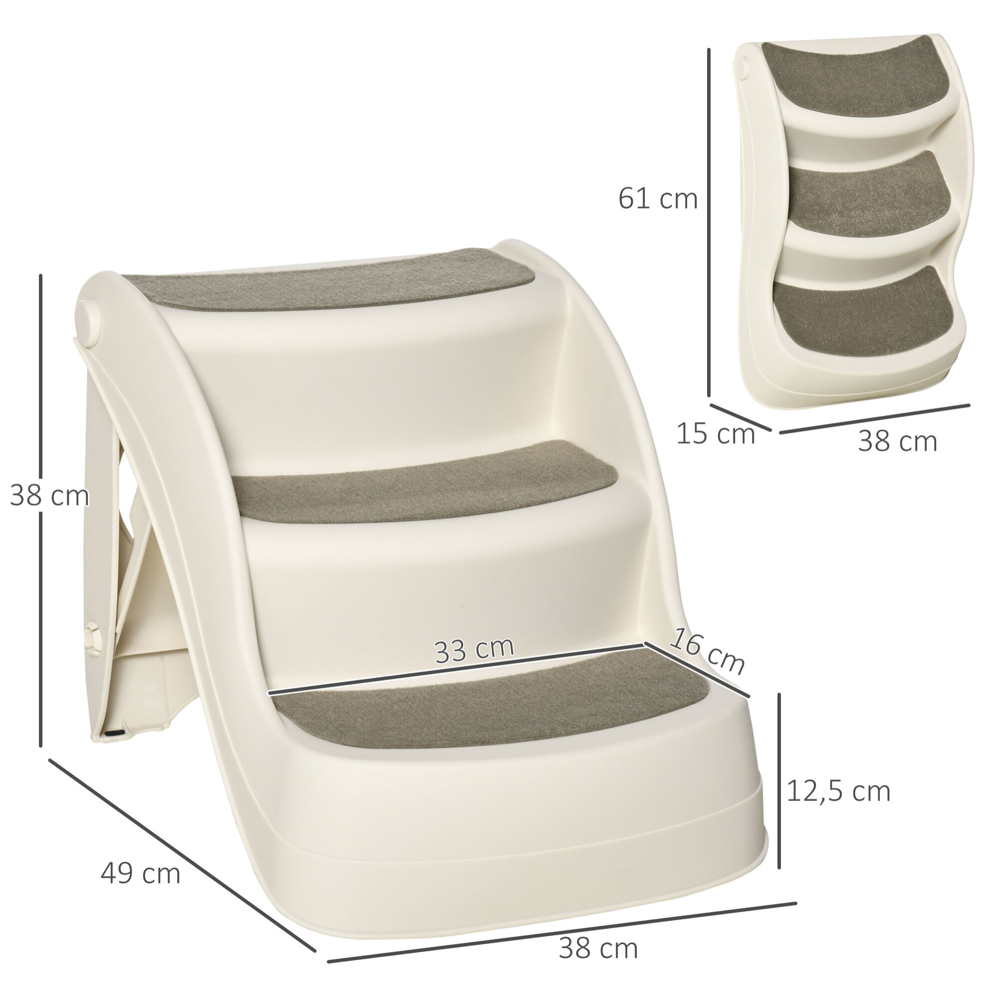 Escalera para Perros de 3 Peldaños Plegable Escalón de Plástica para Mascotas con Alfombras Antideslizantes para Cama Sofá Carga 15 kg 49x38x38 cm Crema