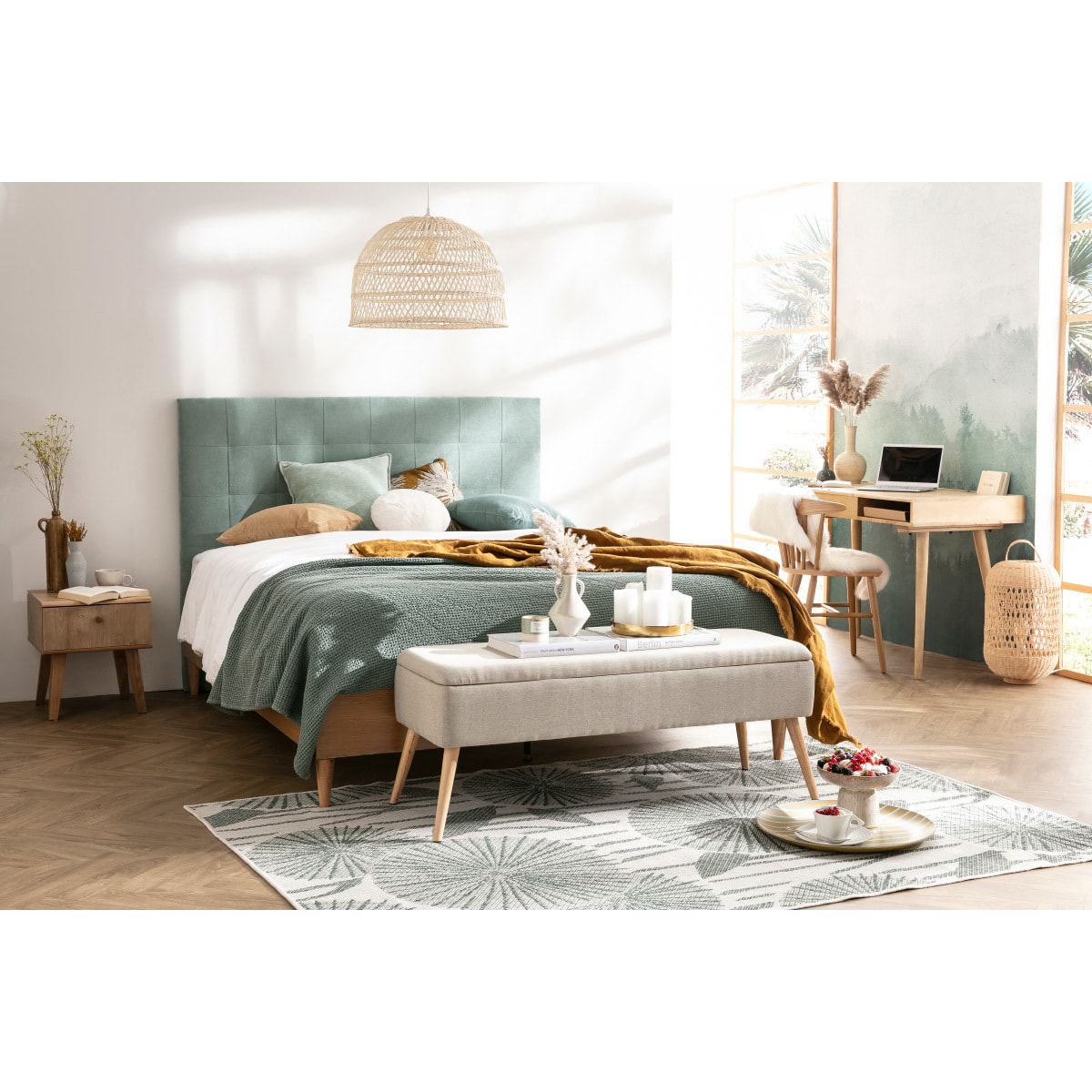 Tête de lit capitonnée en tissu effet velours vert lagon L160 cm HALCIONA