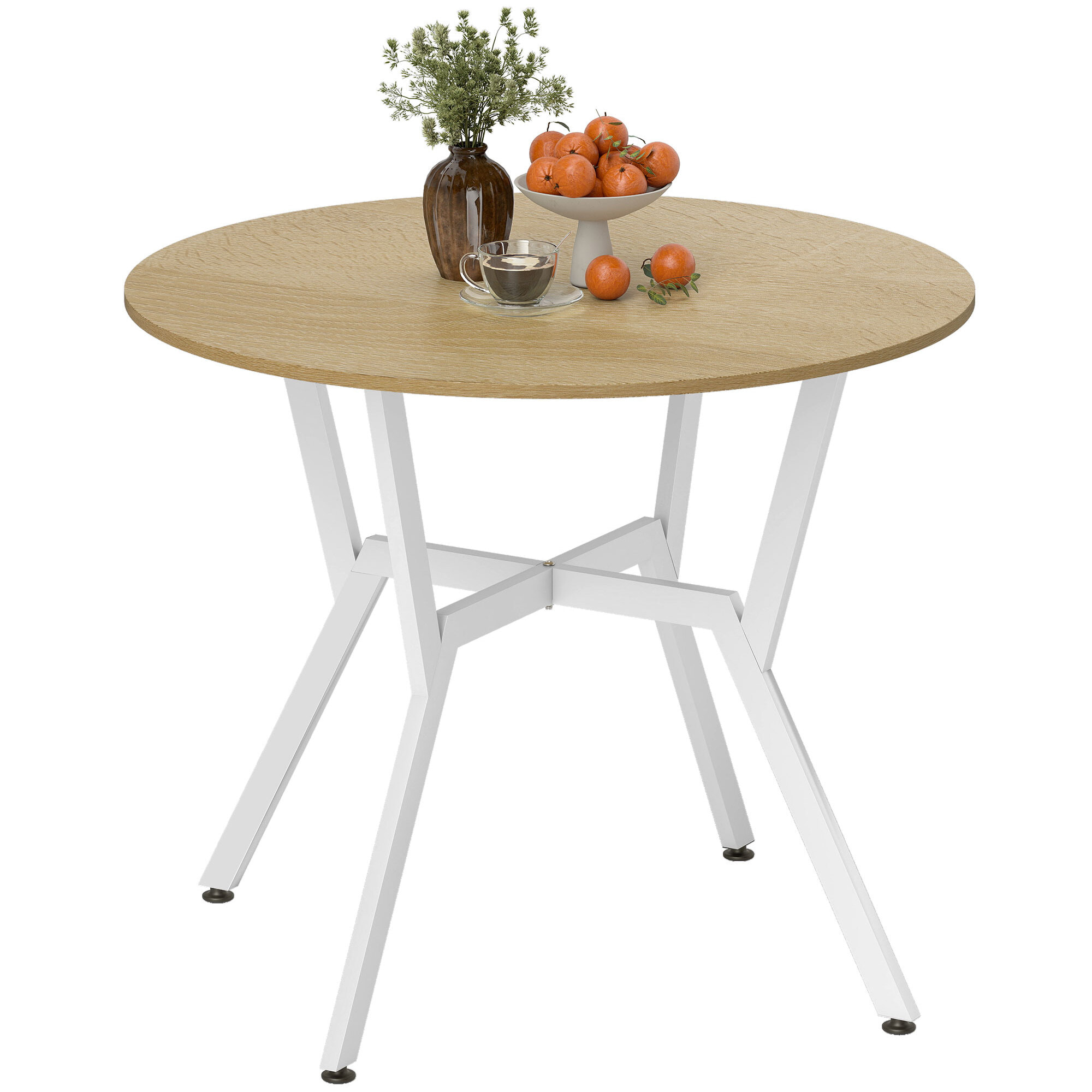 Mesa de Comedor Redonda para 2 Personas, Mesa de Cocina Industrial, Patas Curvadas de Acero, para Salón, 90x90x76 cm, Natural y Blanco