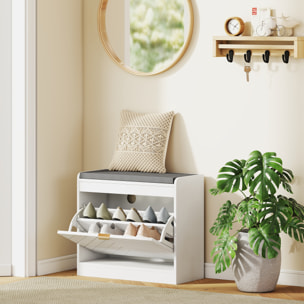 Banc à chaussures design porte motif chevrons étagère dim. 60 x 26 x 52cm coussin gris blanc