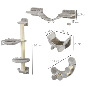 Juego de Estanterías para Gatos de 4 Piezas Rascador de Pared para Gatos con Hamaca Postes Rascadores Escalera Blanda Plataformas Gris