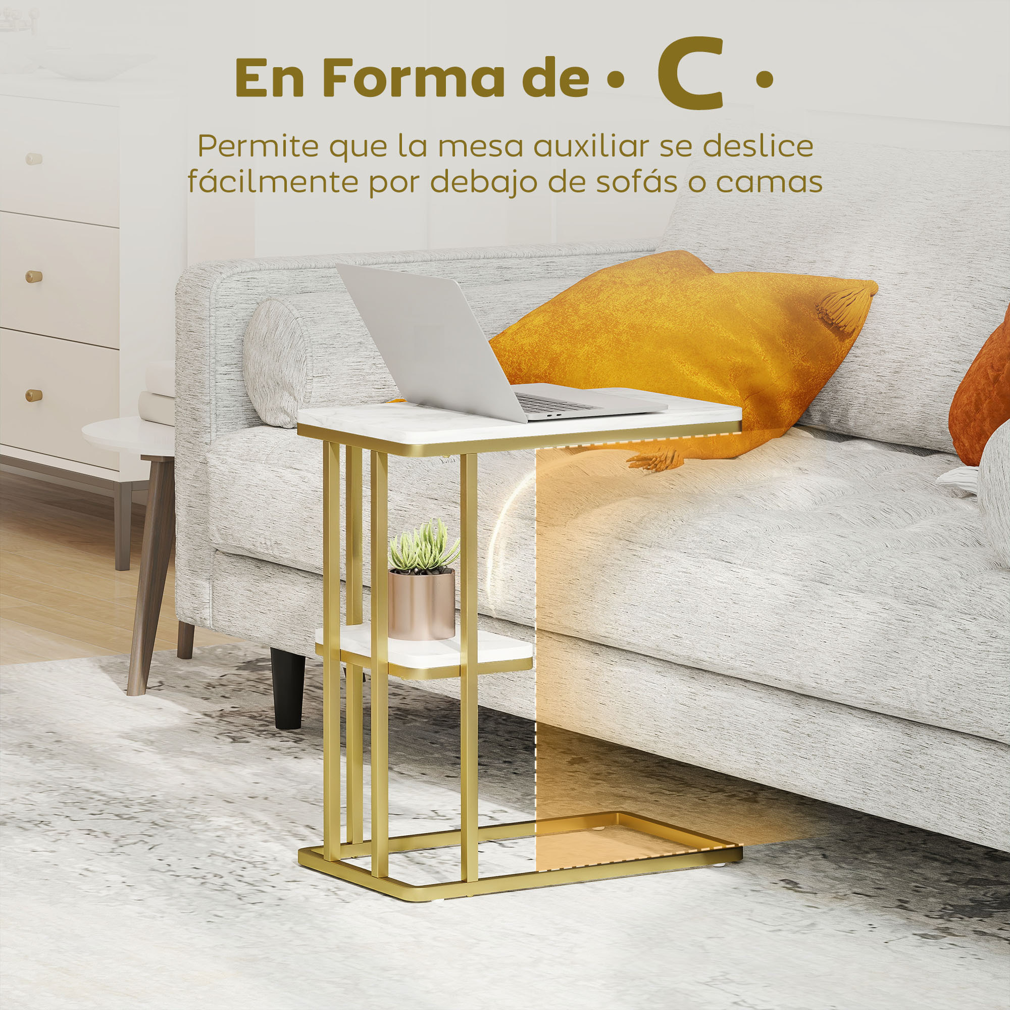 Mesa Auxiliar Estructura en C, Mesita Auxiliar Estrecha de 2 Niveles con Estante, Mesita de Noche Moderna Para Espacios Pequeños, Salón, Dormitorio, 50x30x57,5 cm, Blanco Efecto Mármol