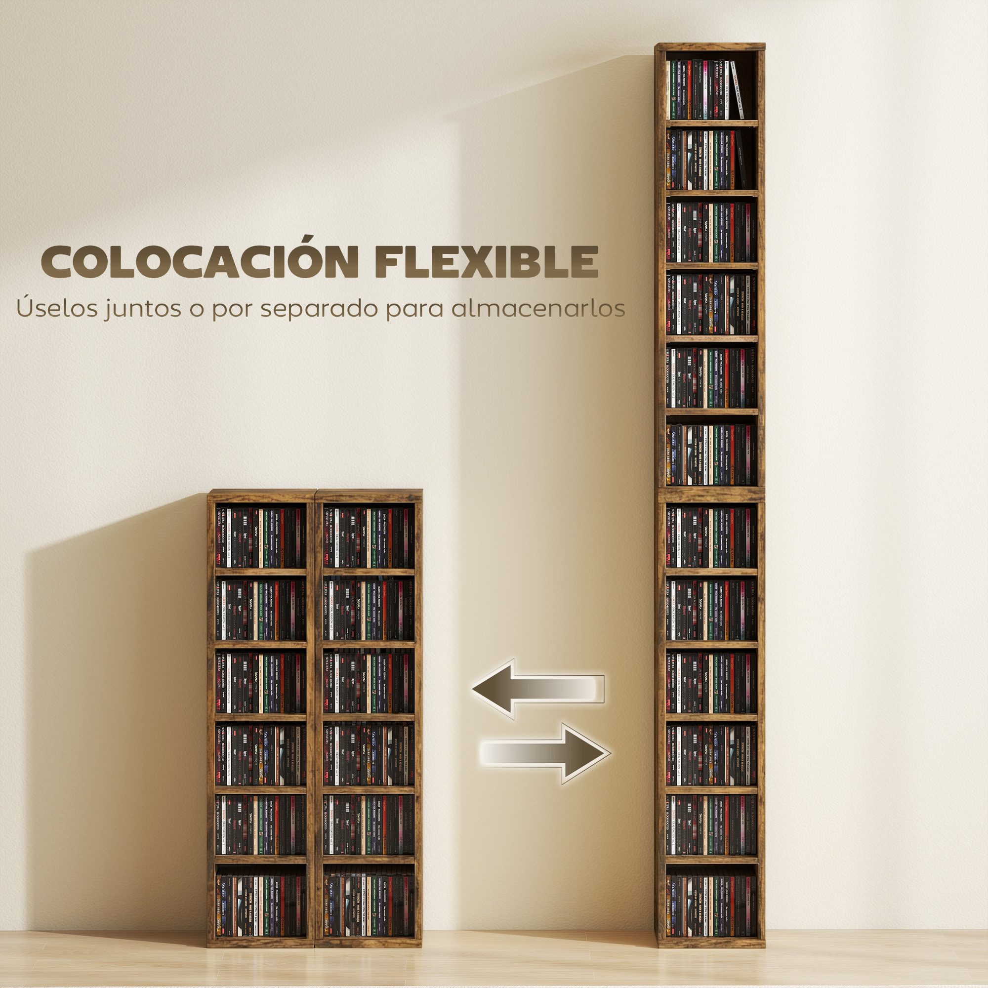 Set de 2 Estanterías para CDs y DVDs, Soportes para CD Estrechos con 12 Compartimentos, Estantes Ajustables, Estanterías para Salón, Oficina, 21x22,5x88,5 cm, Marrón Rústico