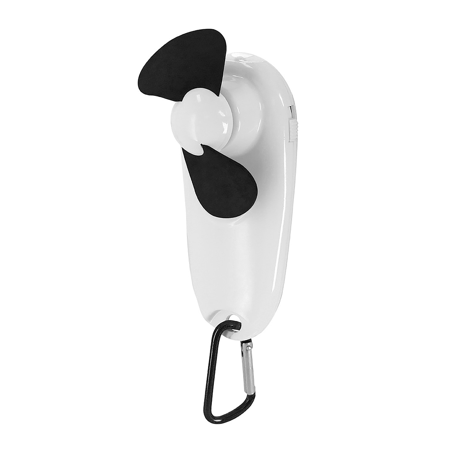 Ventilatore portatile con torcia LED integrata e moschettone per il trasporto.