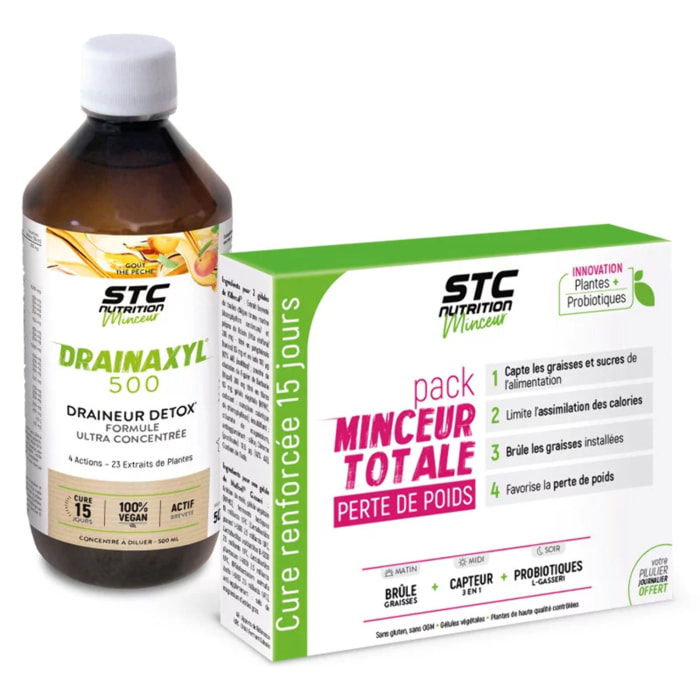 Duo Minceur - Complément alimentaire minceur - Drainaxyl® 500 Thé Pêche + Pack Minceur Totale - Aide à drainer, détoxifier - Favorise la perte de poids - Cure 30 jours